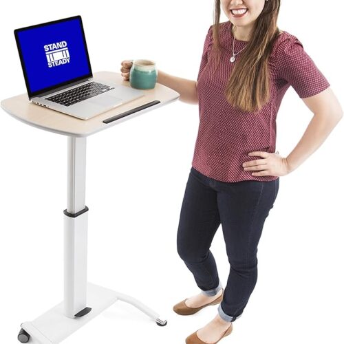 Stand Steady Adjustable Height & Tilt Mobile Podium, Portable Laptop Stand with Wheels, Rolling Computer Desk & Workstation, Standing Table for Office & Home (Maple Print, 25.5in x 15.5in x 28-42.5in)