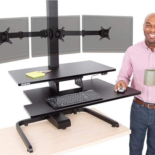 Stand Steady Techtonic Electric Standing Desk Converter wIth Triple Monitor Mount, 3 Screen Support, Quiet Sit-Stand Desk with Button Control, Keyboard Tray, Ideal for Gaming & Computer Work (Black)