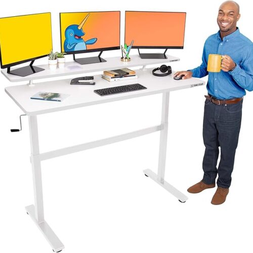 Stand Steady Tranzendesk 55 Inch Standing Desk with Clamp-On Shelf | Crank Height Adjustable Stand Up Workstation with Attachable Monitor Riser | Extra Large Sit Stand Desk Hold 3 Monitors (White)