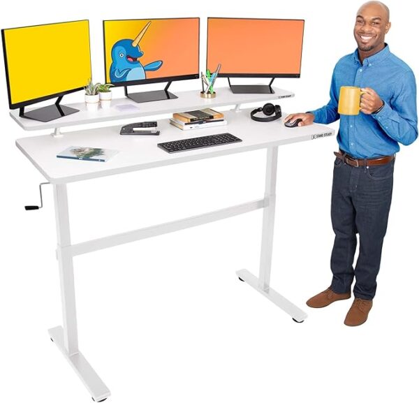 Stand Steady Tranzendesk 55 Inch Standing Desk with Clamp-On Shelf | Crank Height Adjustable Stand Up Workstation with Attachable Monitor Riser | Extra Large Sit Stand Desk Hold 3 Monitors (White) Stand Steady Tranzendesk 55 Inch Standing Desk with Clamp-On Shelf | Crank Height Adjustable Stand Up Workstation with Attachable Monitor Riser | Extra Large Sit Stand Desk Hold 3 Monitors (White)