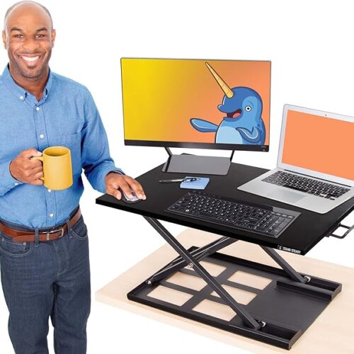Stand Steady X-Elite Pro, Ergonomic Adjustable Height Standing Desk Converter for Home or Office, Easy Lift Sit to Stand Laptop Desk Riser for Laptop and Computer Monitor (Black, 28in x 20in)